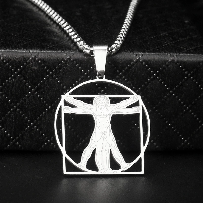 Collana Uomo Vitruviano In Acciaio Inossidabile Hollow Artista Umano Da Vinci Ciondolo Schizzo Hip-Hop Catena Quadrata Rotonda Uomo Gioielli Maschili