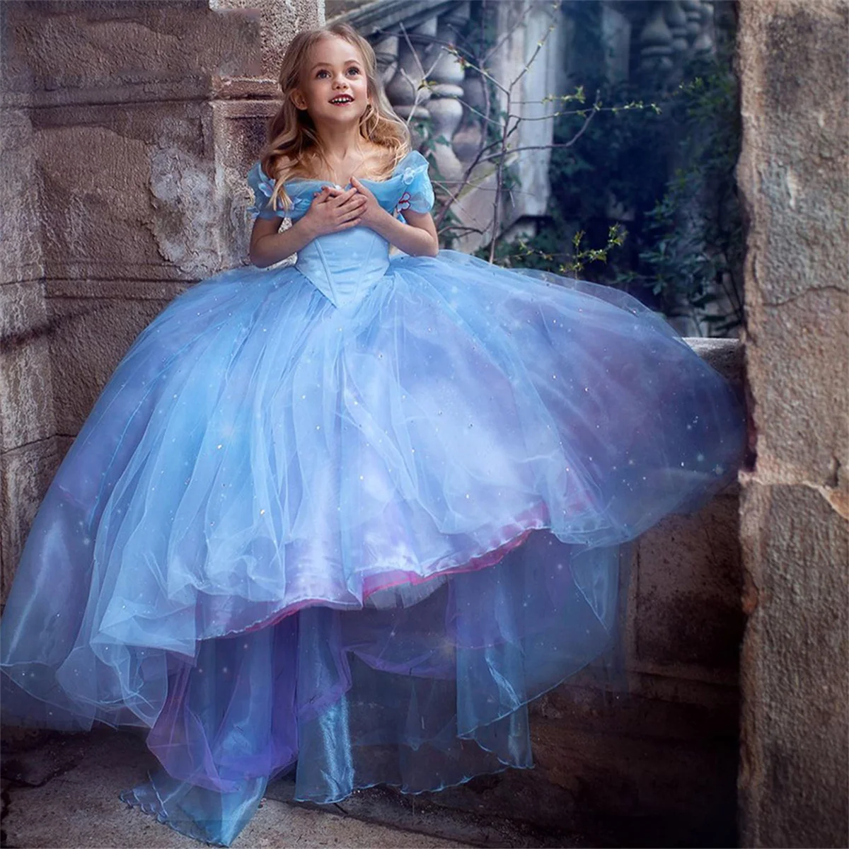 Flower Girl Dress Treasure Blue Shiny Tulle Butterfly Decoration Off Spalla Wedding Flower Child Holy Comunione Party Dress