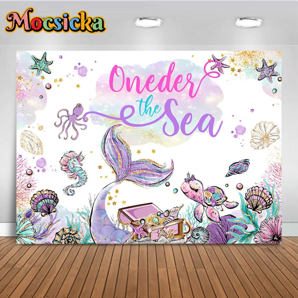 Mocsicka Mermaid Sea Treasure Adventure Theme Background Girl Kid Baby One Birthday Party Banner Sfondo Shiny Photography Prop