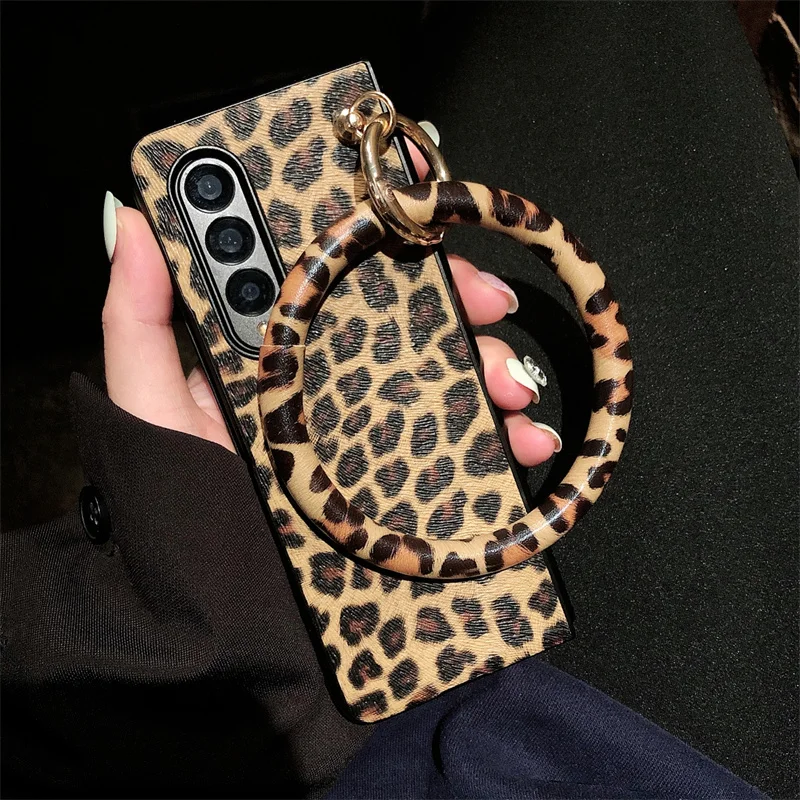 Fai Da Te Z Fold4 Portable Panther Print Bangle Big Hand Ring Cover Per Telefono Per Samsung Galaxy Z Fold 3 5G Sexy Leopard Pu Custodie In Pelle