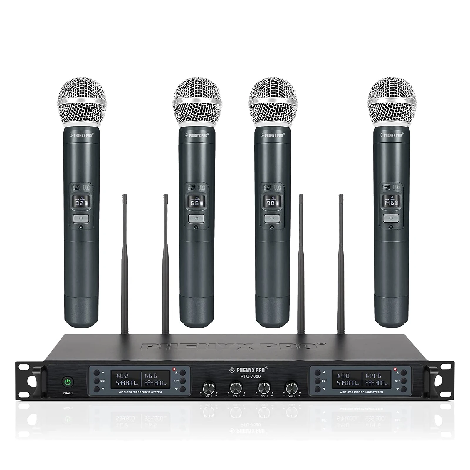 Microfono Wireless Professionale Uhf Phenyx Pro 4 Canali Scansione Automatica Frequenza Selezionabile Metallo 100M Per Cantare Chiesa Ptu7000