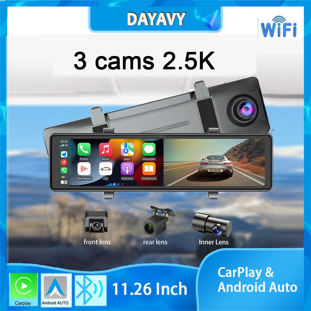 Dayavy 3 Cams 2.5K Dash Cam Per Auto Touch Screen Da 11.26 Pollici Carplay Android Auto Aus G Sensor 3 Lens Camera Vs 70 Mai Y