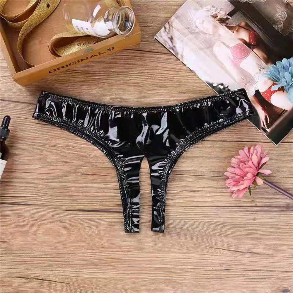 Womens Wet Pvc Aperto Cavallo Slip Sexy Lingerie Crotchless Mutandine Party Clubwear Costume Taglio Alto Mini G-String Culbwear A50
