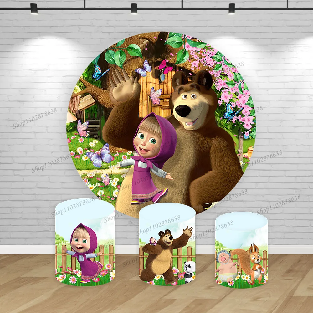 Mashas And Bear Fondale Round Covers Decor Girl 1St The Forest Birthday Party Background Cilindro Elastico Photo Studio Banner