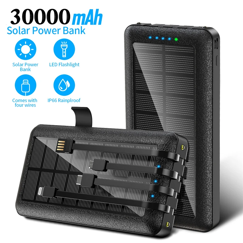 30000Mah Solar Power Bank Portable Charger External Battery Pack For Iphone 13 Samsung S22 Xiaomi Poverbank With Cable Led Light