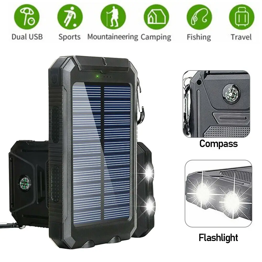Nuovo 20000Mah Solar Power Bank Outdoor Impermeabile Solar Power Charging Bank 2Usb Led Caricabatteria Per Telefono Cellulare Con Fibbia