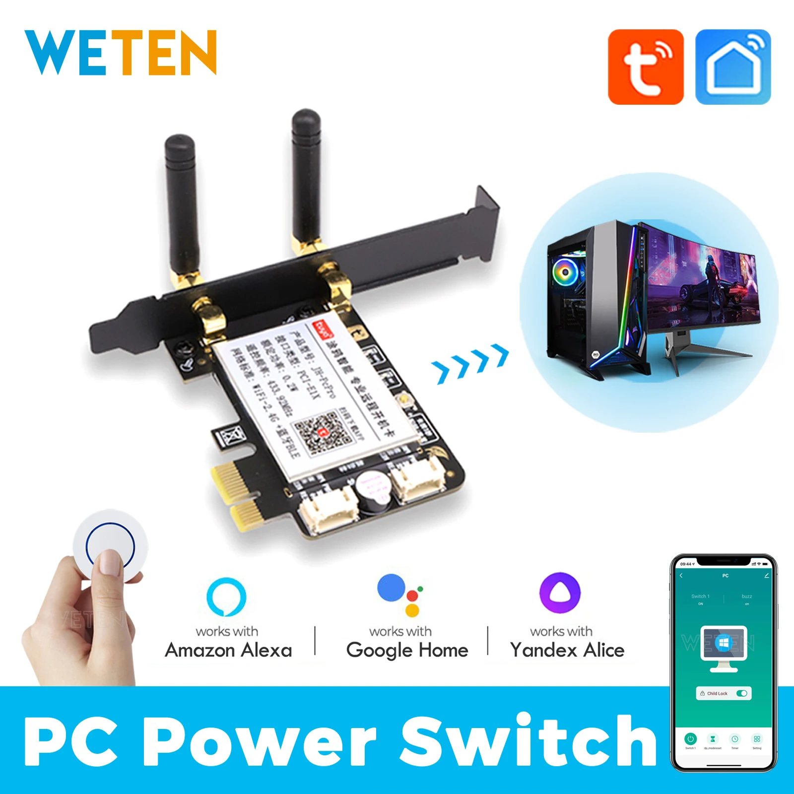 Tuya Wifi Computer Power Reset Switch Pcie Card 433 Rf Remote Wireless Pc Power Button, App Voice Control Con Alexa Google Home