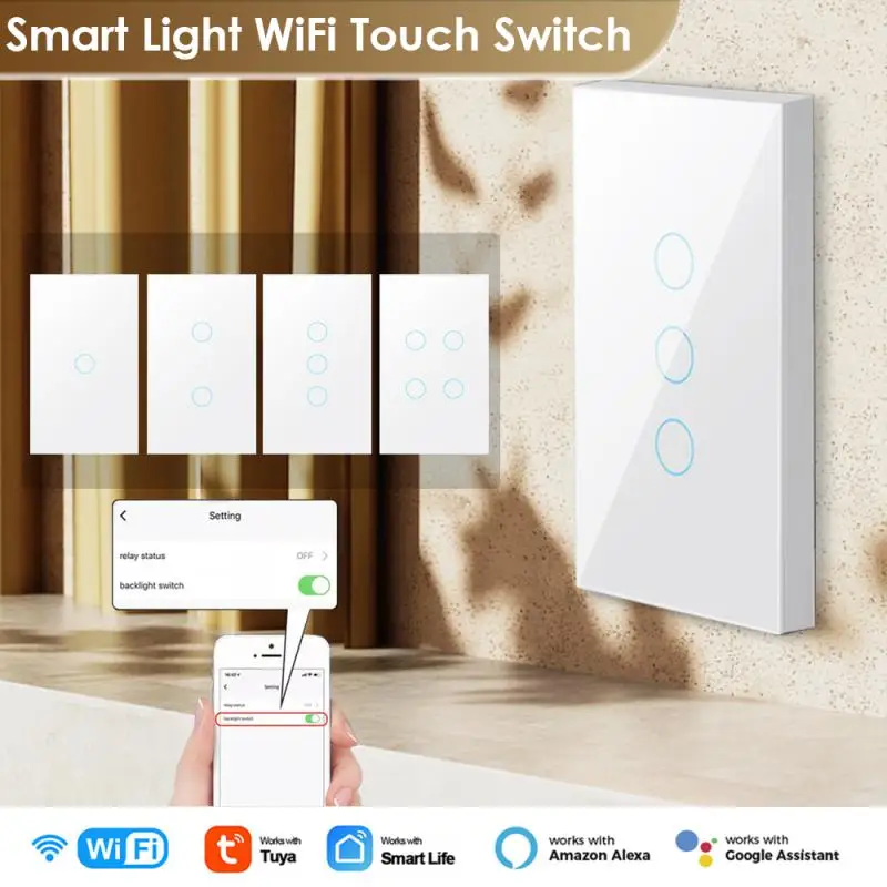 Tuya Wifi Smart Light Wall Switch Us Support Neutral/No Neutral Line Cablaggio 1/2/3/4Gang Touch Panel Funziona Con Alexa Google Alice
