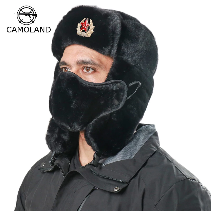 Camoland African Army Military Badge Bomber Hat Chapka Uomo Donna Russia Ushanka Cappelli Faux Rabbit Fur Earflap Snow Trapper Hats