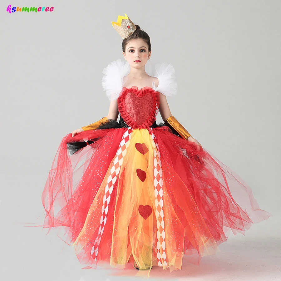 Girl Queen Of Hearts Costume Wonderland Fiaba Fancy Dress Sparkly Kids Evil Red Queen Tutu Dress Halloween Evil In Clothes