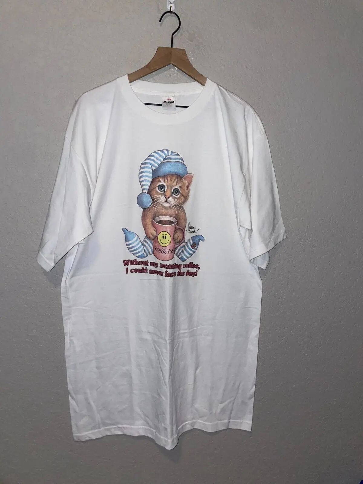 Anni '90 Vintage Bob Ryan Rise & Shine Morning Coffee Cat Graphic Kitten Shirt Sl Maniche Lunghe