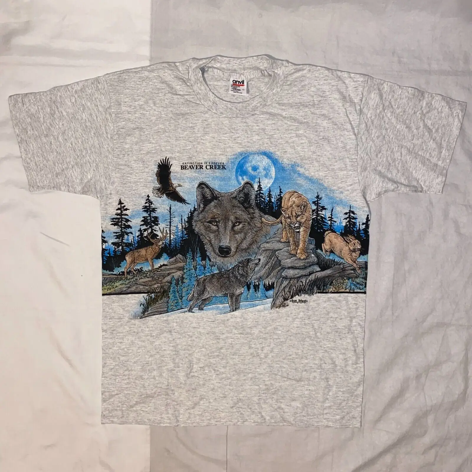 Vintage 1991 San Segal Wolf Bob Cat All Over Print Beaver Creek Incudine Tshirt - L
