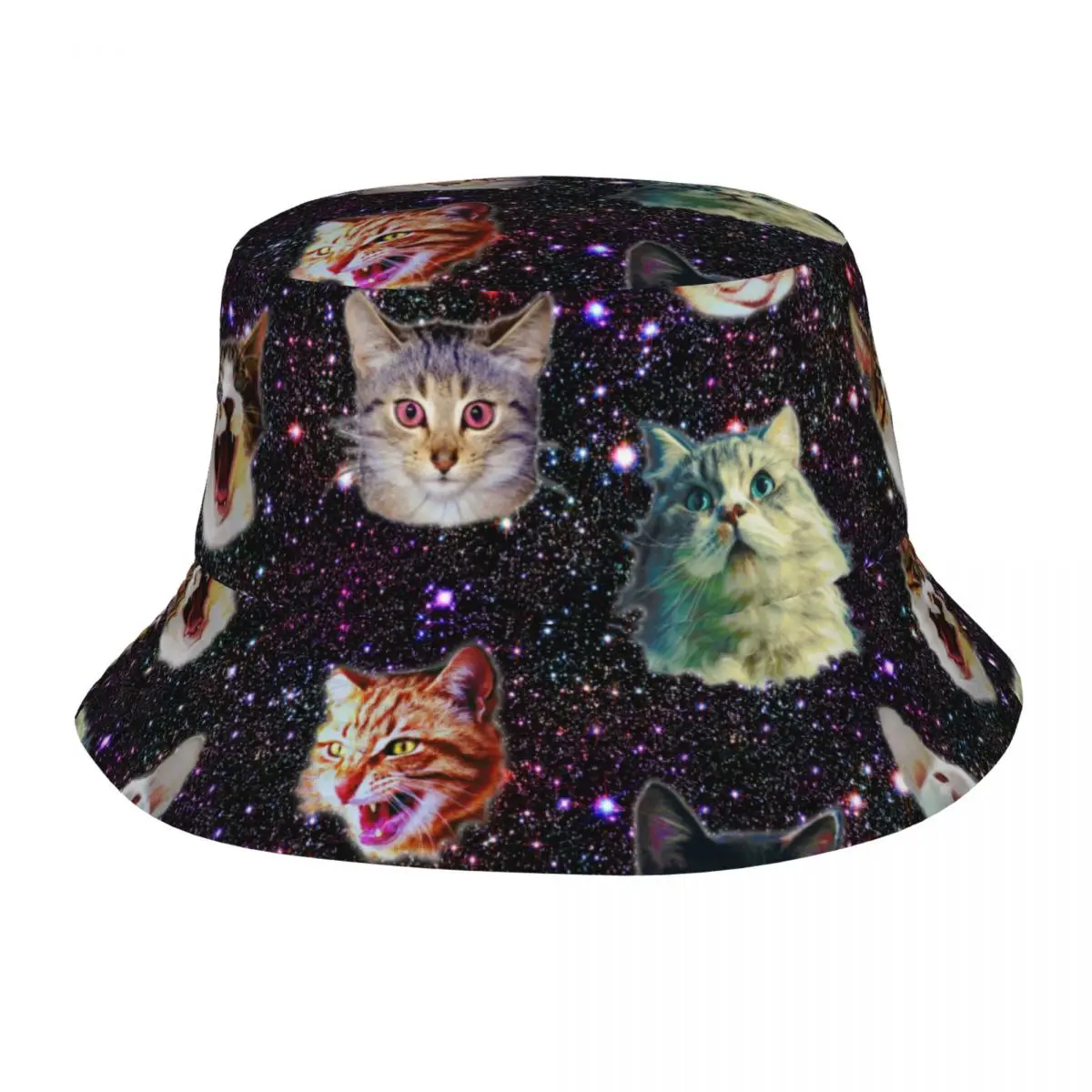 Hot Summer Cat Heads In Outer Space Funny Galaxy Bucket Hats Donna Hot Sun Hats Animal Bob Fishing Fisherman Cap Outdoor
