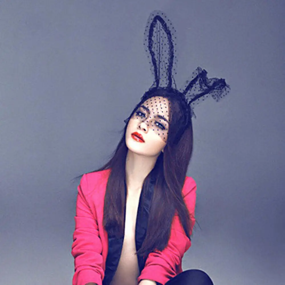 1Pc Sexy Lace Bunny Cat Ear Bob Veil Mask Black Dot Headwrap Party Costume Cosplay Accessori Per Capelli Affascinanti