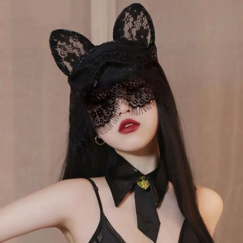 1Pc Black Face Covers Headwrap Sexy Lace Thin Bunny Cat Ear Bob Veil Mask Party Cosplay Costume Charming Hairband For Party