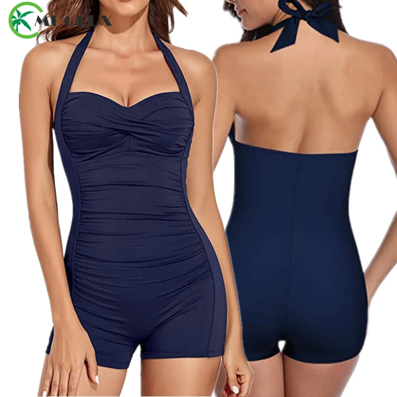 Halter Costume Da Bagno Intero Per Il Controllo Della Pancia Da Donna 2023 Nuovo Costume Da Bagno Push Up Boyleg Increspato Solid Retro Beachwear Cost