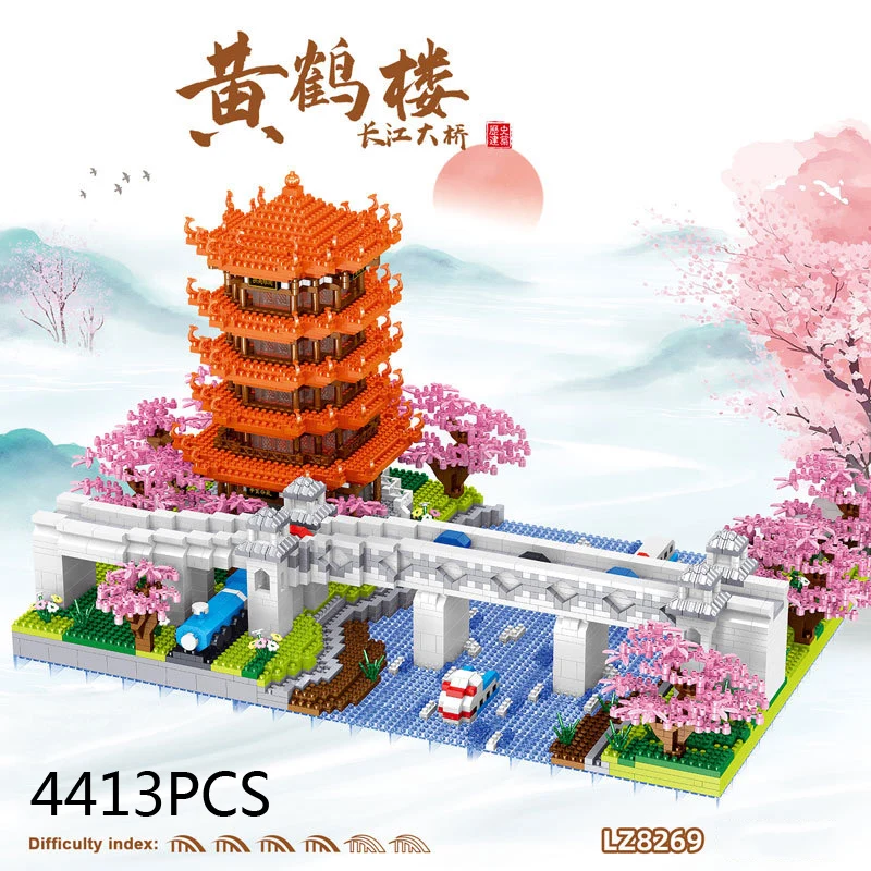 Architettura Di Fama Mondiale Micro Diamond Block Yellow Crane Tower Yangtze River Bridge China Brick Nanobricks Toys Collection