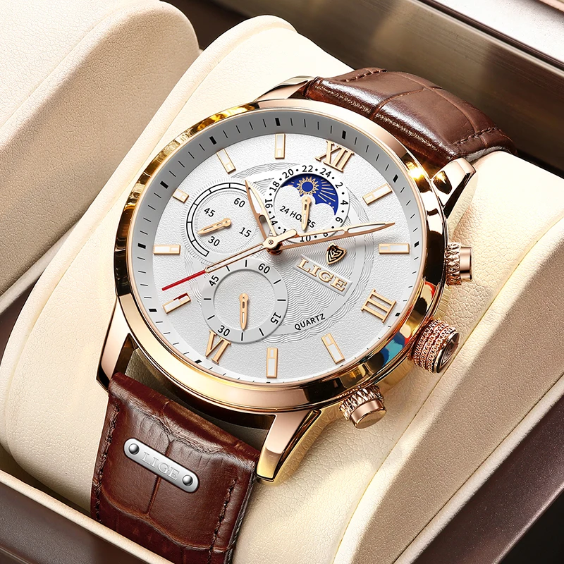 Lige Men Watches 2023 New Fashion Leather Waterproof Luminous Top Brand Luxury Mens Orologio Da Polso Al Quarzo Da Uomo Relogio Masculino + Box