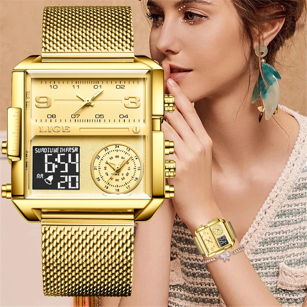 Lige 2023 New Gold Watch Women Top Brand Luxury Creative Square Watches Ladies Fashion Dual Display Watch Relogio Feminino + Box