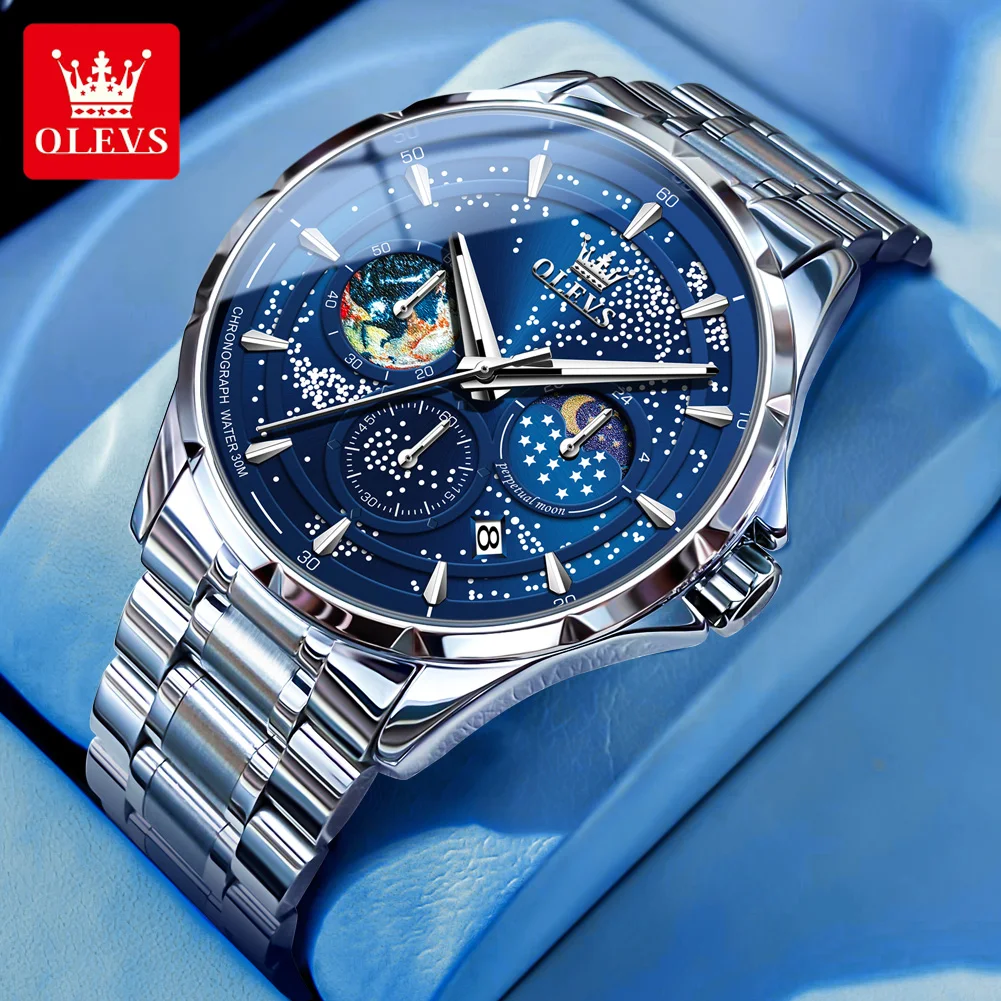 Olevs Fashion Blue Quartz Watch For Men Luxury Stainless Steel Waterproof Luminous Moon Phase 24 Hour Chronograph Orologi Da Uomo