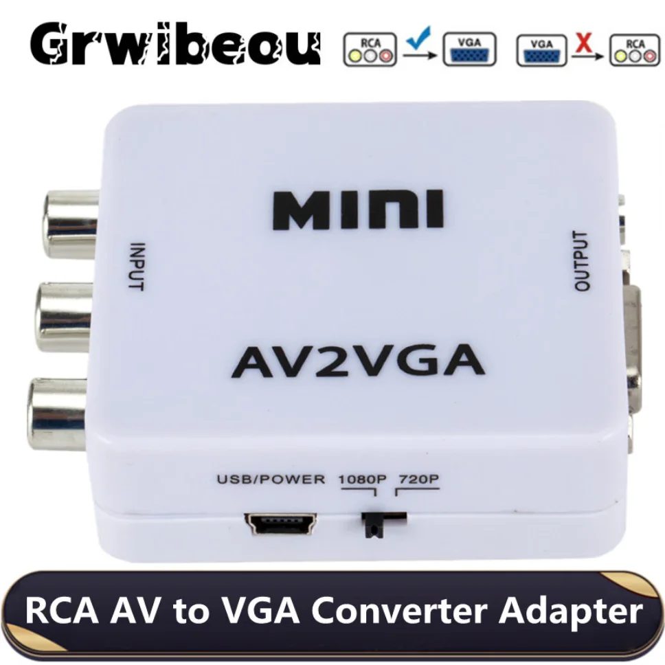 Grwibeou Convertitore Da Av A Vga 1080P Adattatore Video Da Mini Rca A Vga Con Jack Audio Da 3.5Mm Av2Vga / Cvbs + Adattatore Da Audio A Pc Hdtv