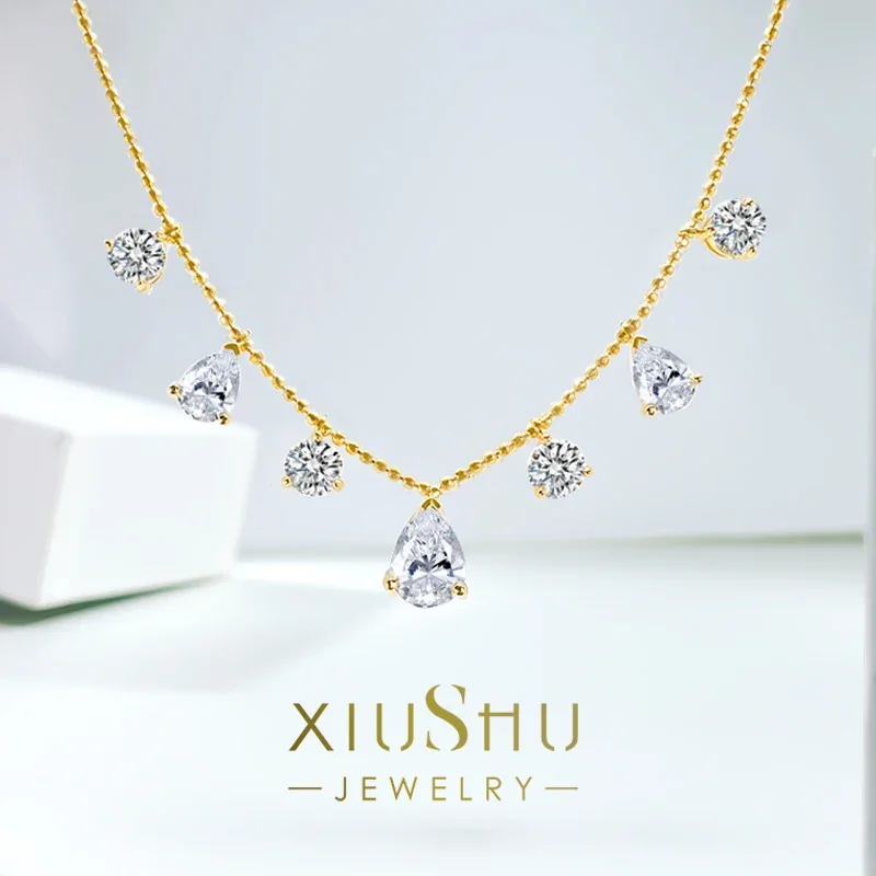 Desire Versatile Collana In Argento Sterling Dorato Con Diamante Ad Alto Tenore Di Carbonio Goccia D'Acqua Pera Diamante Bianco