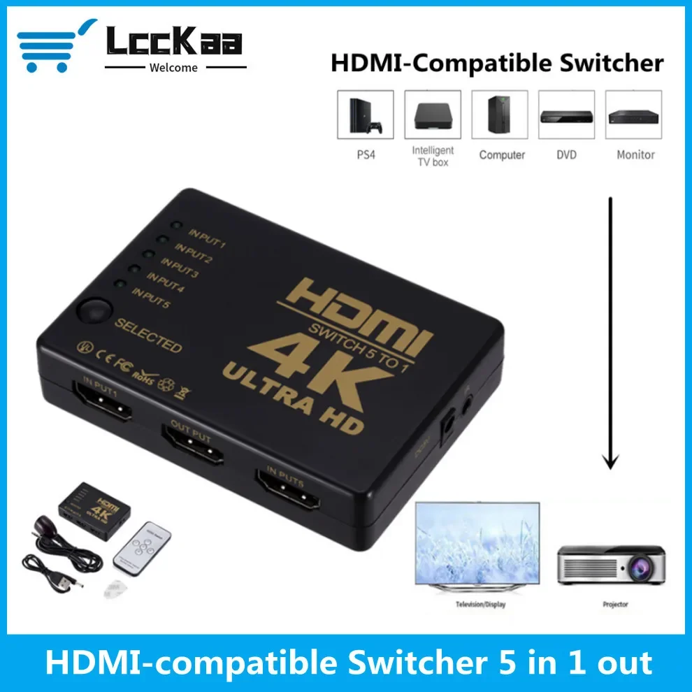 Lcckaa 4K 5 Porte Hdmi Switcher 5 In 1 Out Hdmi Switch Selector Splitter Con Hub Telecomando Ir Per Ps4/3 Hdtv Dvd Tv Box