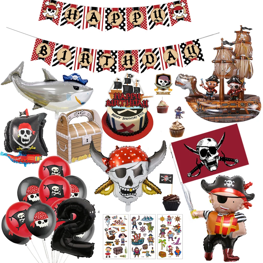 Pirate Ship Balloon Shark Helium Ballon Happy Birthday Banner Cake Topper Baby Shower Pirate Party Forniture Per Decorazioni Di Halloween