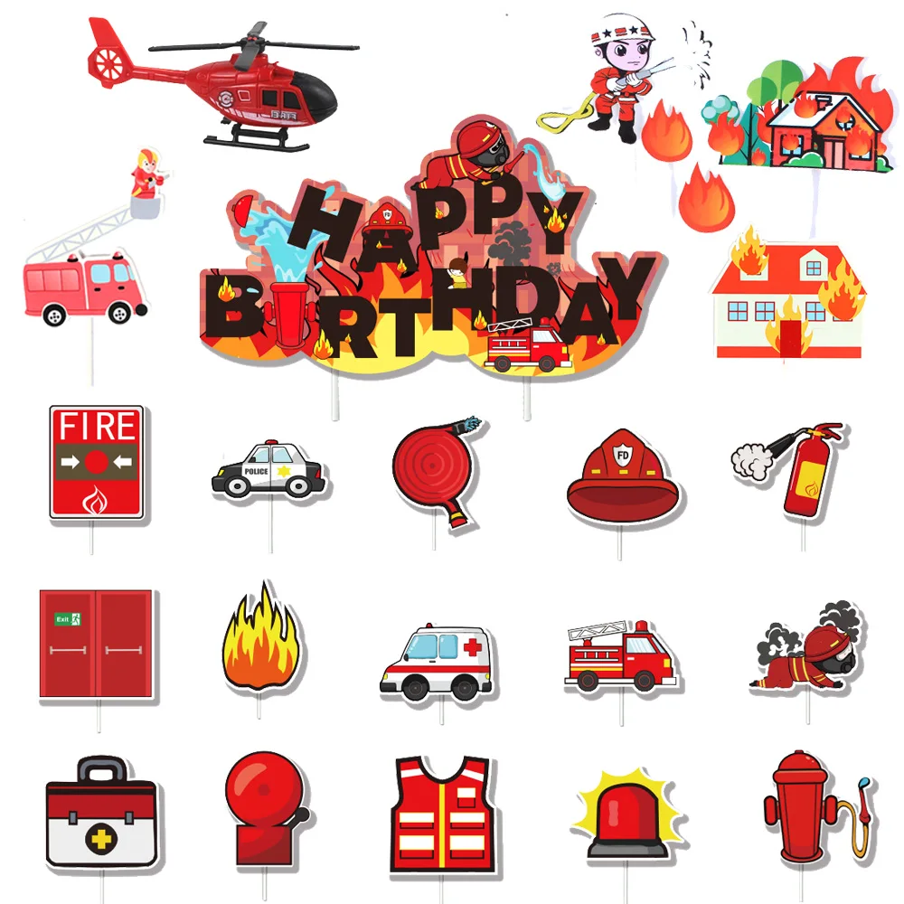 Pompiere Cake Topper Cupcake Toppers Fire Hydrant Truck Pompiere Casco Tema Per Bambini Boy Girl Happy Birthday Cake Decoration