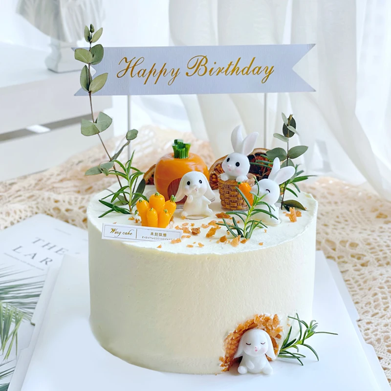 Lovely Bunny Forest Department Decoration Happy Birthday Rabbit Eat Carote Cake Topper Per Bambini Kid Party Baking Supplies