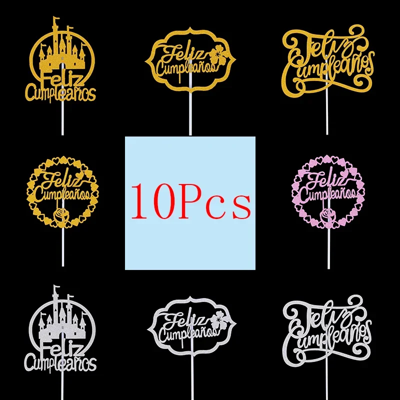 Cake Topper Spagnolo Happy Birthday Party Decoration Flowers Cake Baking Decor Cupcake Topper Bowknot Topper