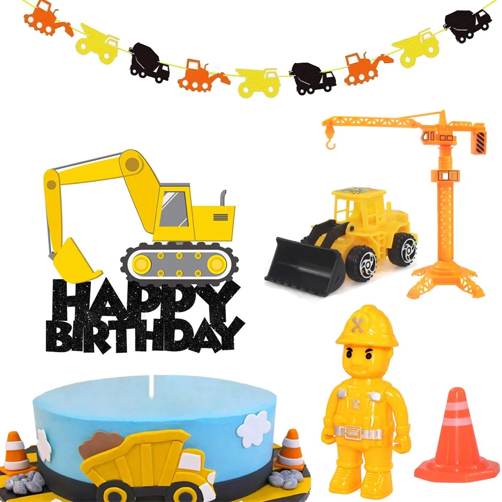Mini Construction Party Decoration Happy Birthday Party Construction Truck Escavatore Ragazzi Toys Barricata Cake Toppers Decortions