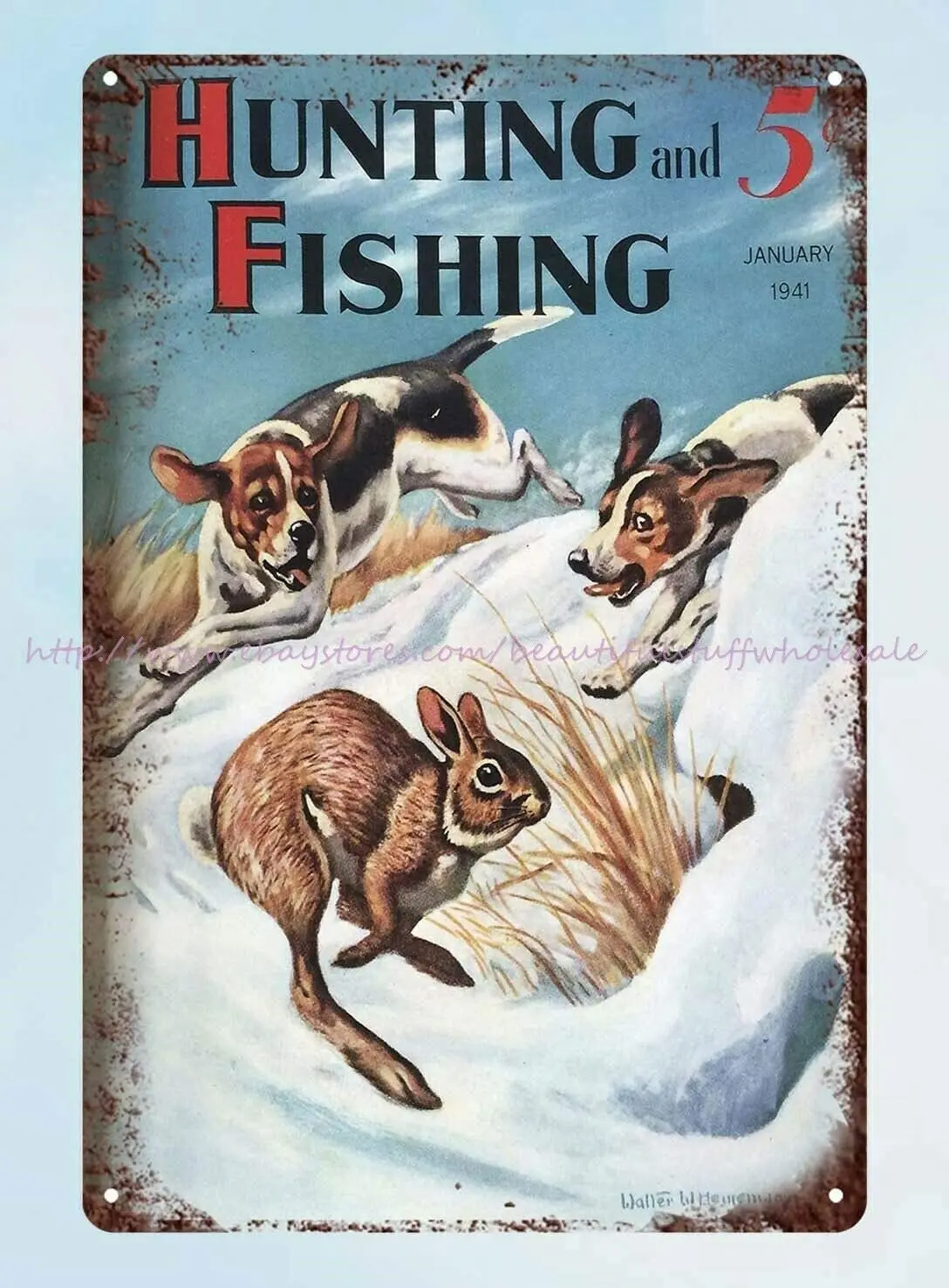 A Casa Decor Rabbit Fishing Hunting 1941 Old Magazine Beagle Metal Tin Sign Retro Wall Home Bar Pub Vintage Cafe Decor,