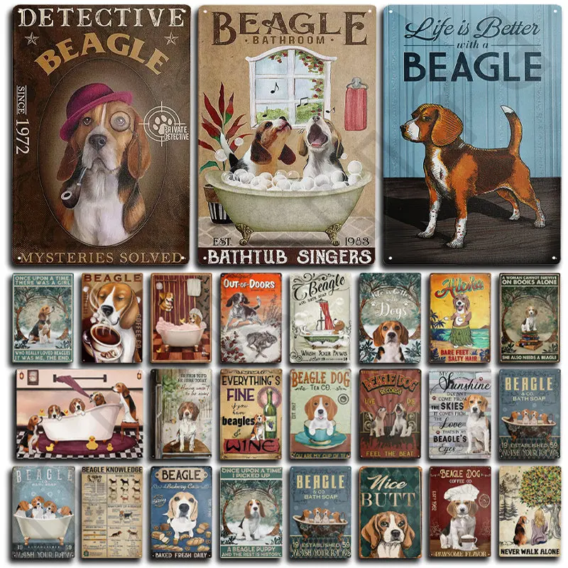 Beagle Dog Metal Tin Sign Plate Retro Art Per Bagno Toilette Cucina Sweet Home Shop Pet Shop Farmhouse Home Room Decoration