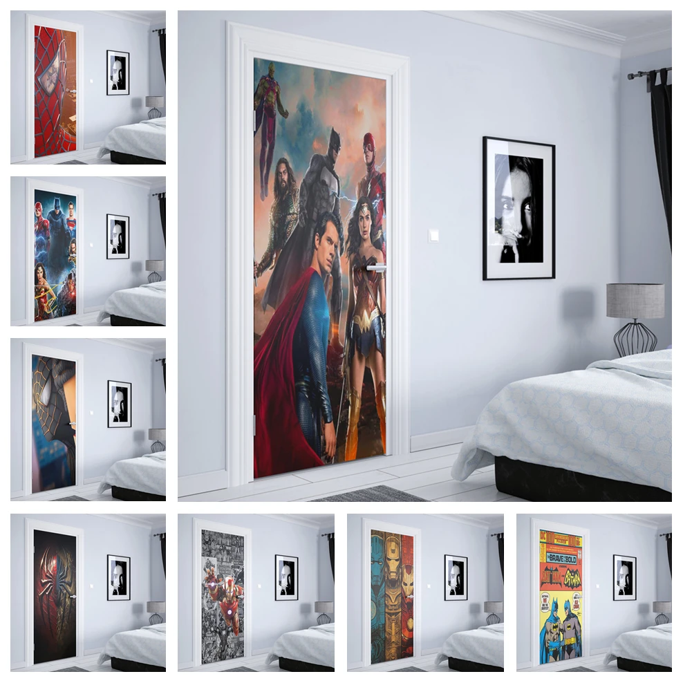 Disney Marvel Super Hero Spider Man Iron Man Hd Door Sticker Dc Batman Decorazione Della Casa Nursery Kids Room Wall Sticker Estetico