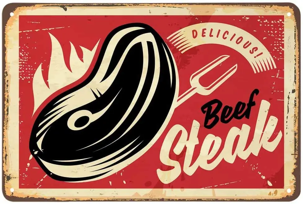 Vintage Steak Metal Tin Sign Carne Di Manzo Delicious Fire Hot Fork Block Protein Food Restaurant O Cafe Bar Shop Wall Decorativo