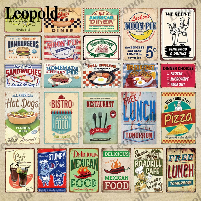 Retro Metal Brand Food Series Vernice Spray Wall Hamburger Pizza Knife And Fork Drawing Kitchen Dessert Cake Shop Decoration