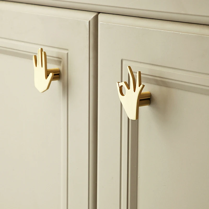 4Pcs Pure Brass Ok/Hello Gesture Furniture Pulls Handles Drawer Pulls  Cupboard Wardrobe Kitchen Dresser Tv Wine Cabinet Pulls