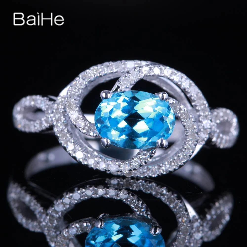 Baihe Solid 14K White Gold Genuine Blue Topaz Ring Women Men Party Trendy Fine Jewelry Muslimabicloful Bunnafittayn