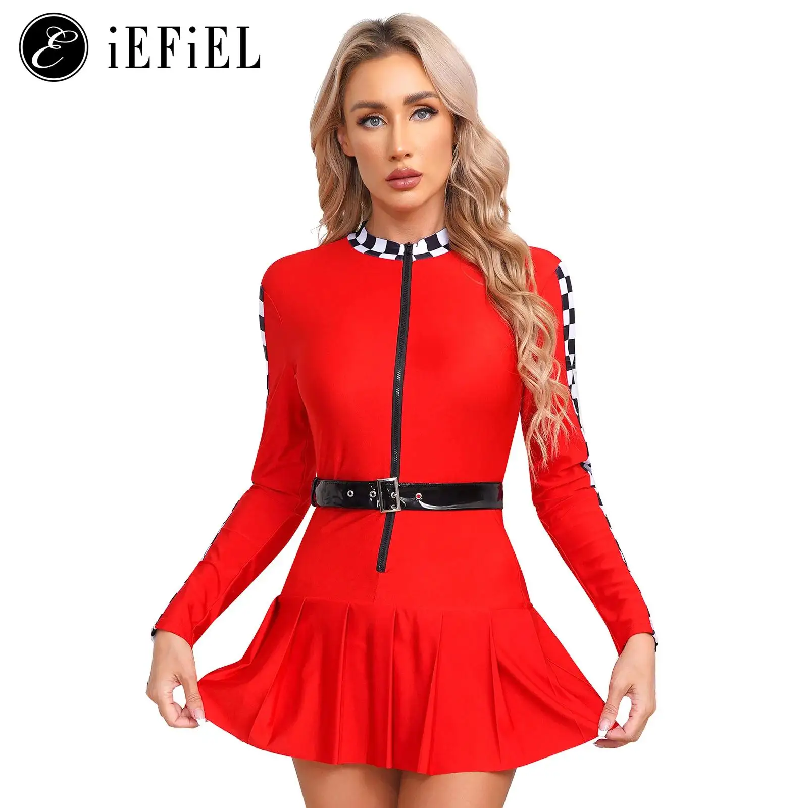 Womens Race Car Driver Costume Jumper Racer Checkerboard Mini Abiti Con Cintura Halloween Cosplay Party Fancy Dress Up