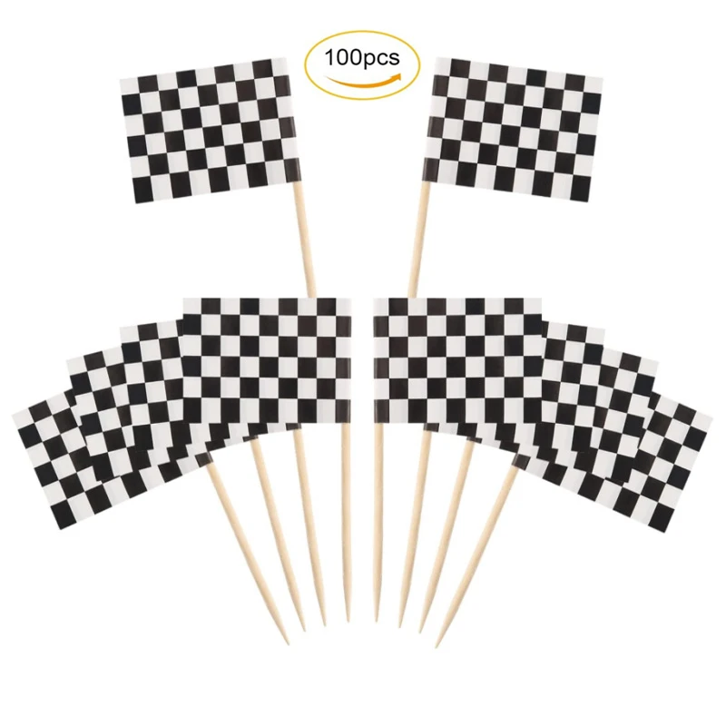 100 Pz/Set Mini Check Flag Cupcake Cocktail Topper Racer Championship Flag Of Karting Racing Motor Car Automobile Race Accessory