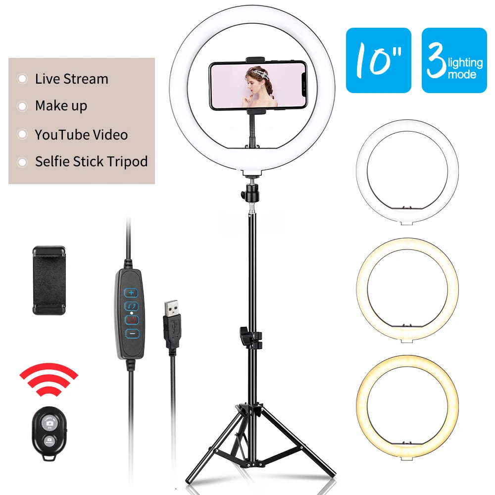 10 Pollici Led Ring Light Photography Selfie Ring Lighting Con Treppiede Per Smartphone Youtube Makeup Video Studio Ring Lamp