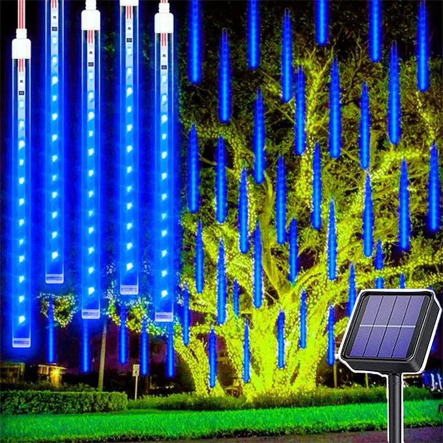 Solar Powered Meteor Shower Christmas Light Outdoor 8 Tubes Solar Falling Rain Light Garden Christmas Tree Icicle String Light