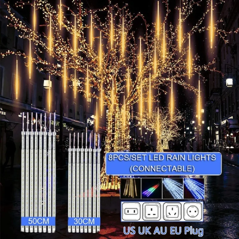 30Cm /50Cm Eu/Us/Au/Uk Plug Impermeabile Meteor Shower Rain 8 Tube Led String Lights Per Le Vacanze All'Aperto Albero Di Decorazione Natalizia
