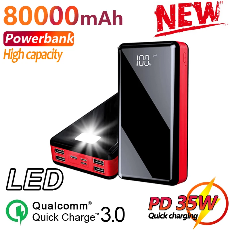 Caricabatterie Portatile Power Bank 80000Mah Display Digitale Batteria Esterna 4 Usb Led Powerbank Per Smartphone Xiaomi Iphone14 Samsung
