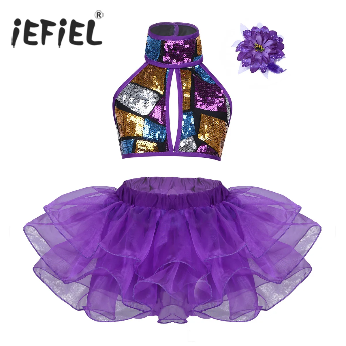 Costume Da Danza Classica Per Ragazze Halter Paillettes Lucide Crop Top Con Tutu Dress Flower Hair Clip Per Ginnastica Sala Da Ballo Jazz Dancewear