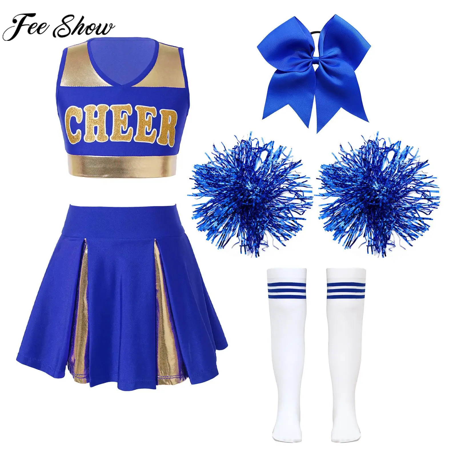 6-16Y Girls Cheerleading Uniform Crop Top Con Gonna Hair Tie Flowers Tube Socks Per Jazz Dance Sports Meeting Stage Performance