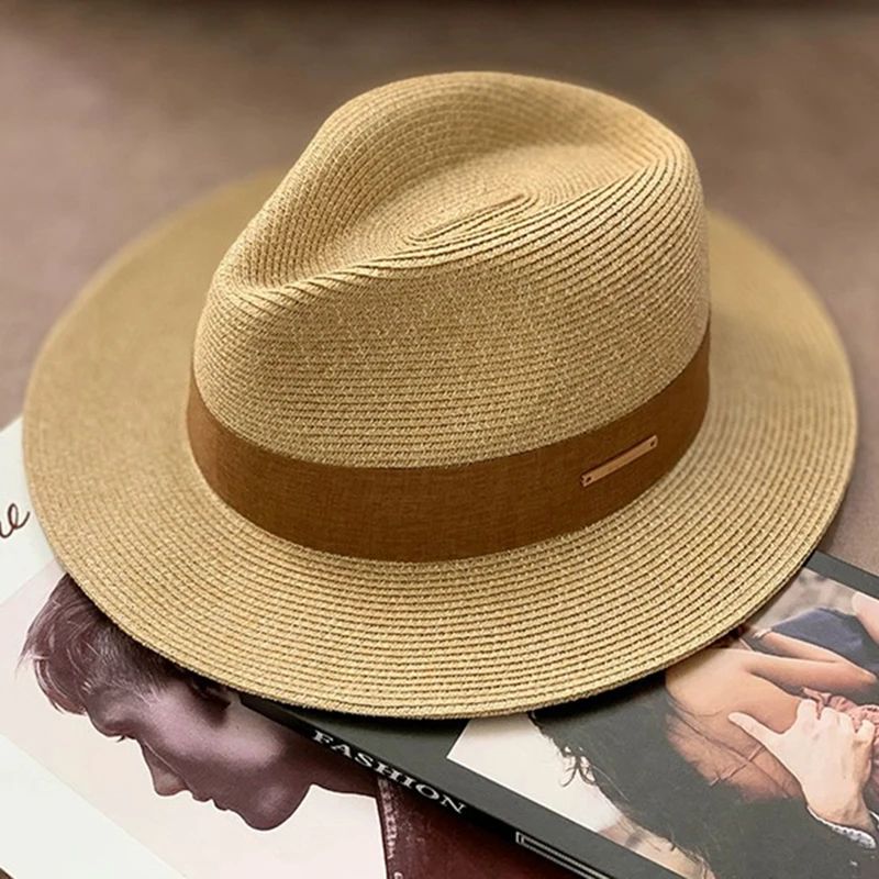 Luna & Dolphin Women Summer Panama Cap Hat Hair Band Jazz Cap Black Coffee Ribbon Nature Seaside Vacation Sunscreen Beach Hat