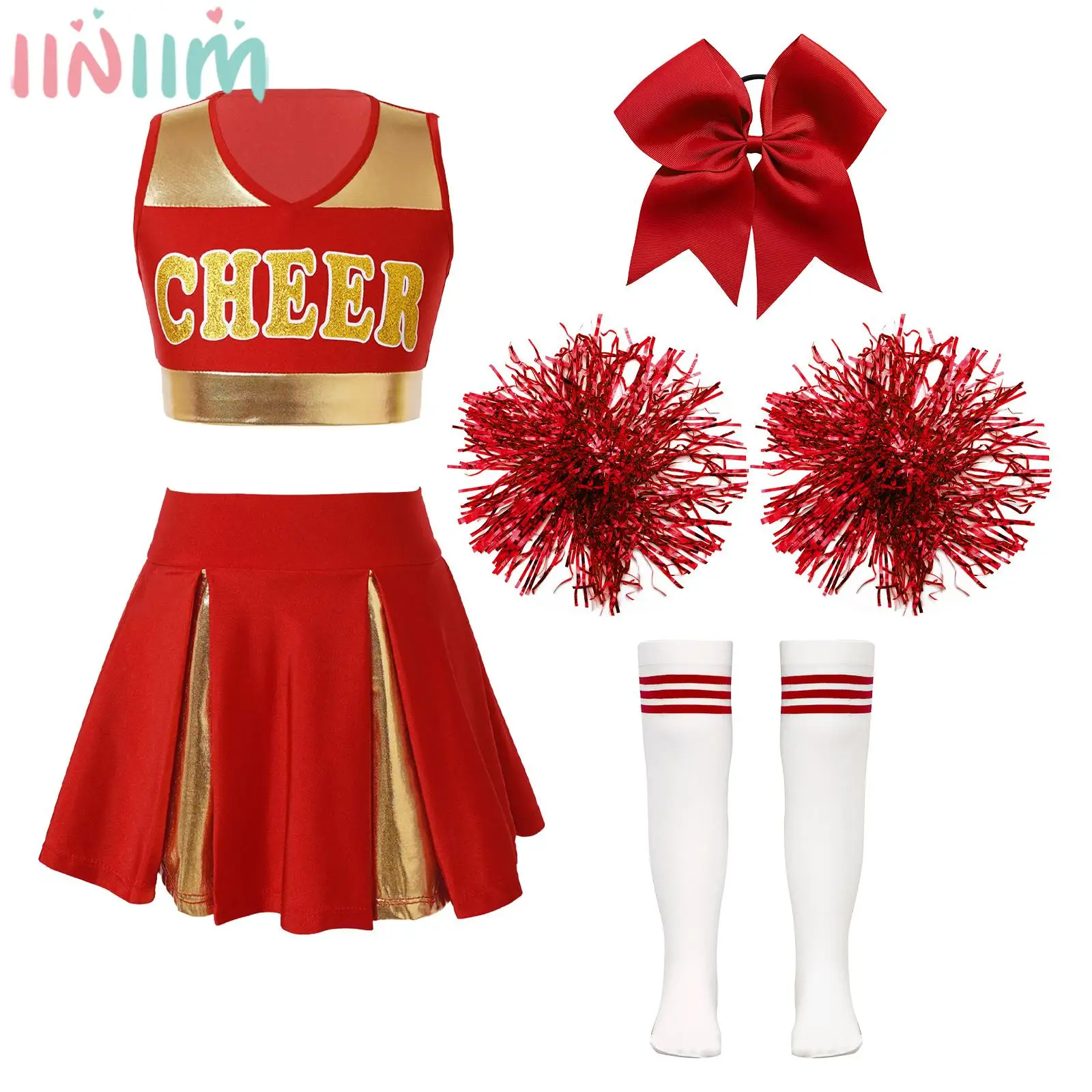 Bambini Ragazze Cheerleading Outfit Jazz Dance Sports Meeting Performance Uniform Crop Top Con Gonna Hair Tie Flowers Tube Socks
