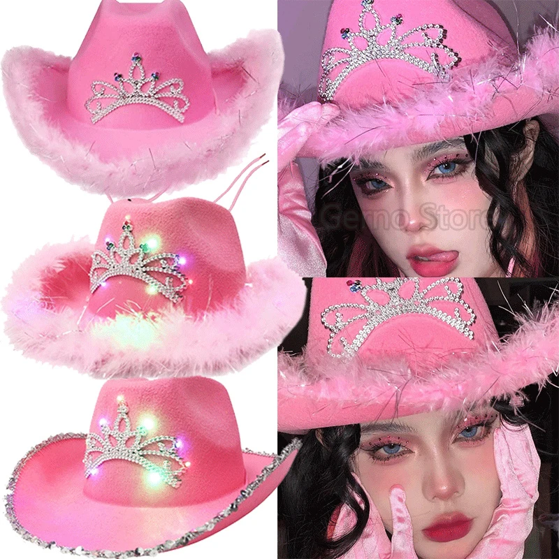 Pink Crown Western Cowgirl Hat Donna Girls Tiara Feather Felt Paillettes Cowboy Cap Costume Party Jazz Caps Halloween Cosplay Puntelli